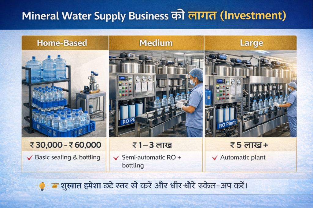 "Mineral Water Supply Business की लागत और Investment: Home-Based, Medium, और Large scale setups के लिए required investment और मशीनरी, भारत में व्यवसाय के लिए।"