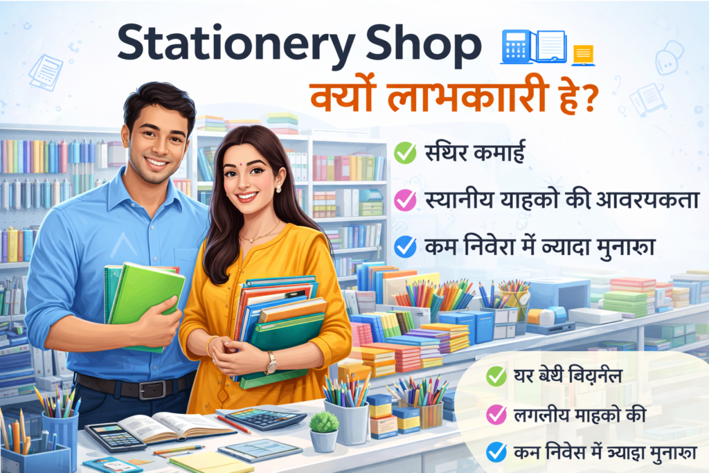 "Stationery Shop में पुरुष और महिला कर्मचारी, neatly arranged books, notebooks, pens, pencils, shelves और counter दिखाई दे रहे हैं, organized retail environment।"