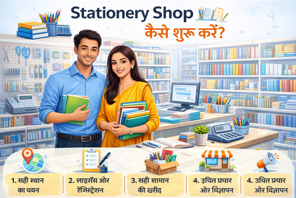 "Stationery Shop शुरू करने के लिए infographic, जिसमें पुरुष और महिला कर्मचारी दुकान में खड़े हैं, shelves पर neatly arranged books, notebooks, pens, pencils और counter दिखाई दे रहे हैं।"