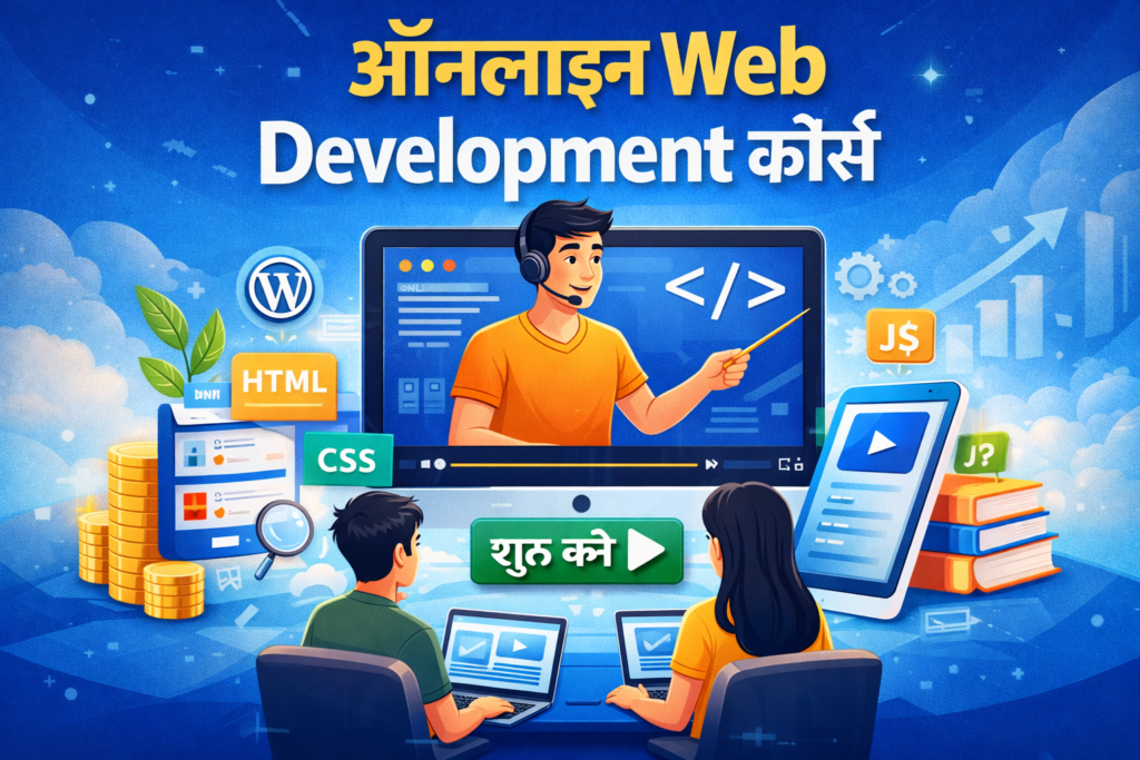 “ऑनलाइन Web Development कोर्स – instructor लैपटॉप पर live coding सिखा रहा है, दो students अपने laptops पर सीख रहे हैं, HTML, CSS, JavaScript और WordPress icons के साथ।”