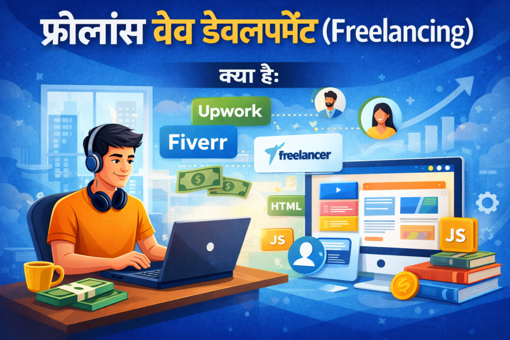 “फ्रीलांस वेब डेवलपमेंट – युवा freelancer लैपटॉप पर काम कर रहा है, headphones पहने, HTML, CSS, JavaScript और Upwork, Fiverr, Freelancer icons के साथ।”