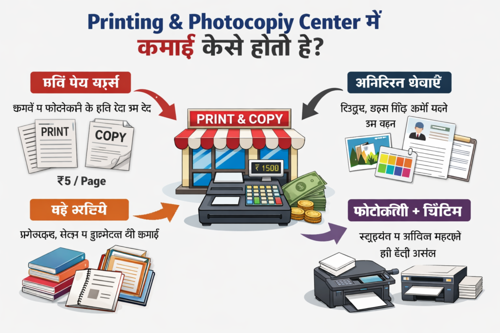Printing & Photocopy Center में कमाई कैसे होती है, जिसमें प्रिंटिंग, फोटोकॉपी, स्कैनिंग और अतिरिक्त सेवाओं से होने वाली आमदनी दिखाई गई है