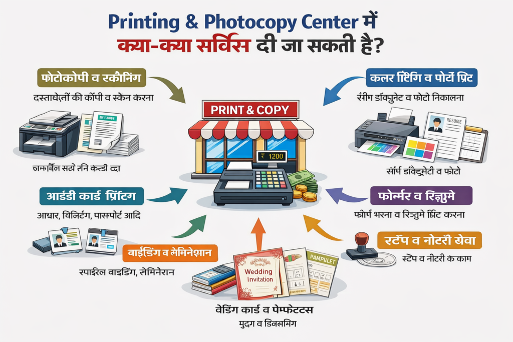 Printing & Photocopy Center में दी जाने वाली सेवाएँ जैसे प्रिंटिंग, फोटोकॉपी, स्कैनिंग, आईडी कार्ड, बाइंडिंग और फॉर्म प्रिंटिंग
