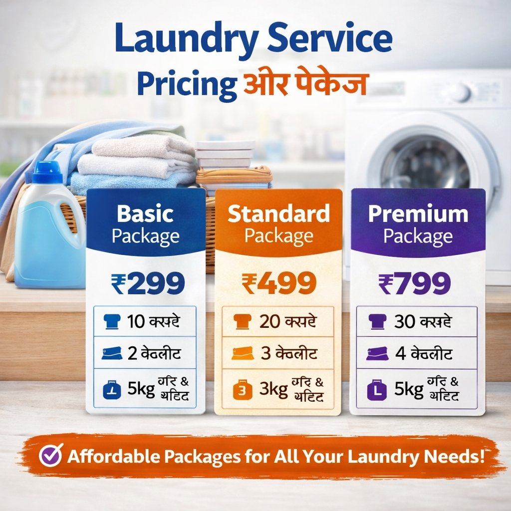 Laundry Service Pricing और पैकेज – वॉश, ड्राई, आयरन और मासिक लॉन्ड्री प्लान की जानकारी
