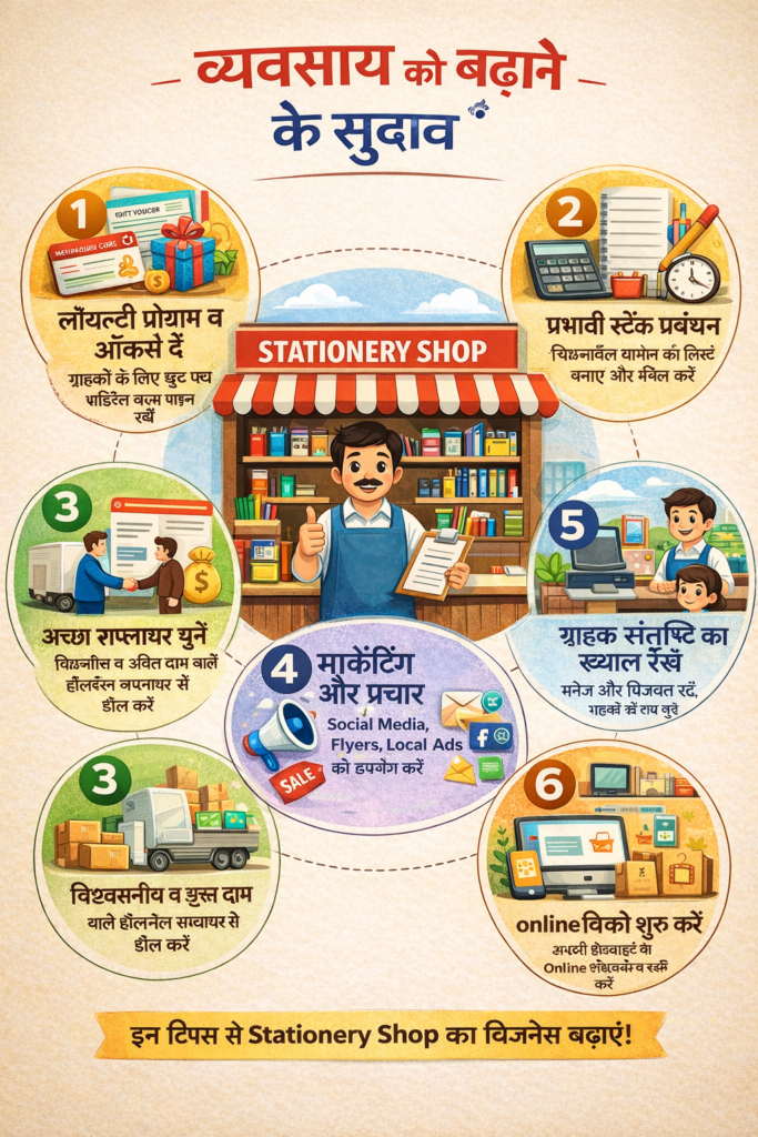 Stationery shop business growth tips infographic showing six ideas like loyalty offers, stock management, supplier selection, marketing, customer satisfaction and online sales.