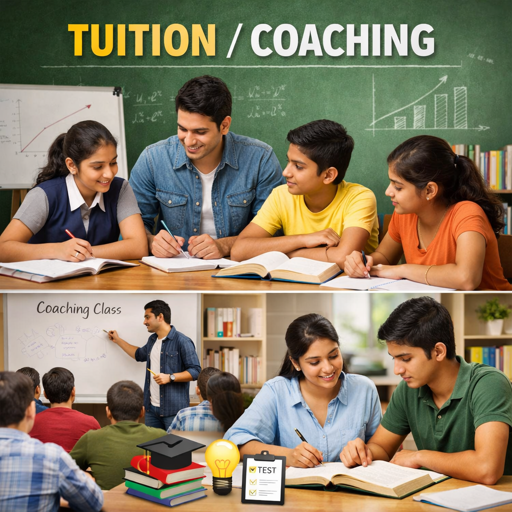 “Tuition और Coaching class में शिक्षक बच्चों को पढ़ाते हुए, स्टूडेंट्स किताबों के साथ ग्रुप और पर्सनल स्टडी करते हुए”