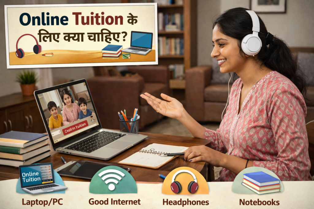 ऑनलाइन ट्यूशन के लिए लैपटॉप पर पढ़ाता हुआ एक शिक्षक, सामने हेडफोन, वेबकैम, इंटरनेट कनेक्शन, डिजिटल नोट्स और ऑनलाइन क्लास चलती हुई स्क्रीन दिखाई दे रही है।