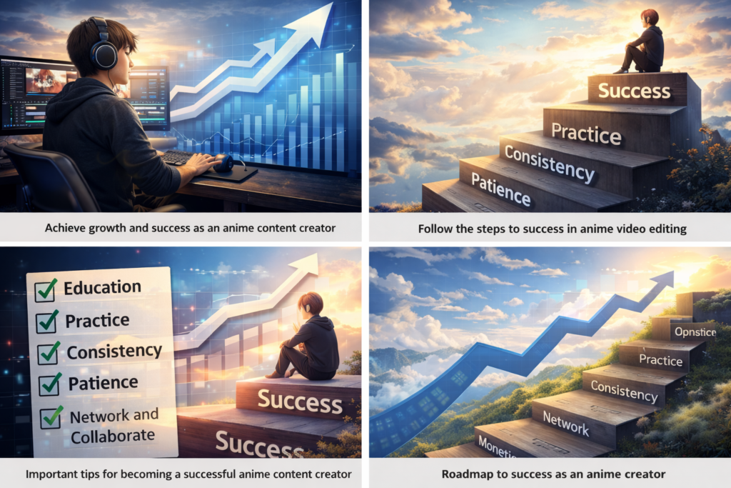 "AI-generated image showing growth and success tips concept, person climbing stairs with charts, goal-setting icons, lightbulbs, and motivational elements"
