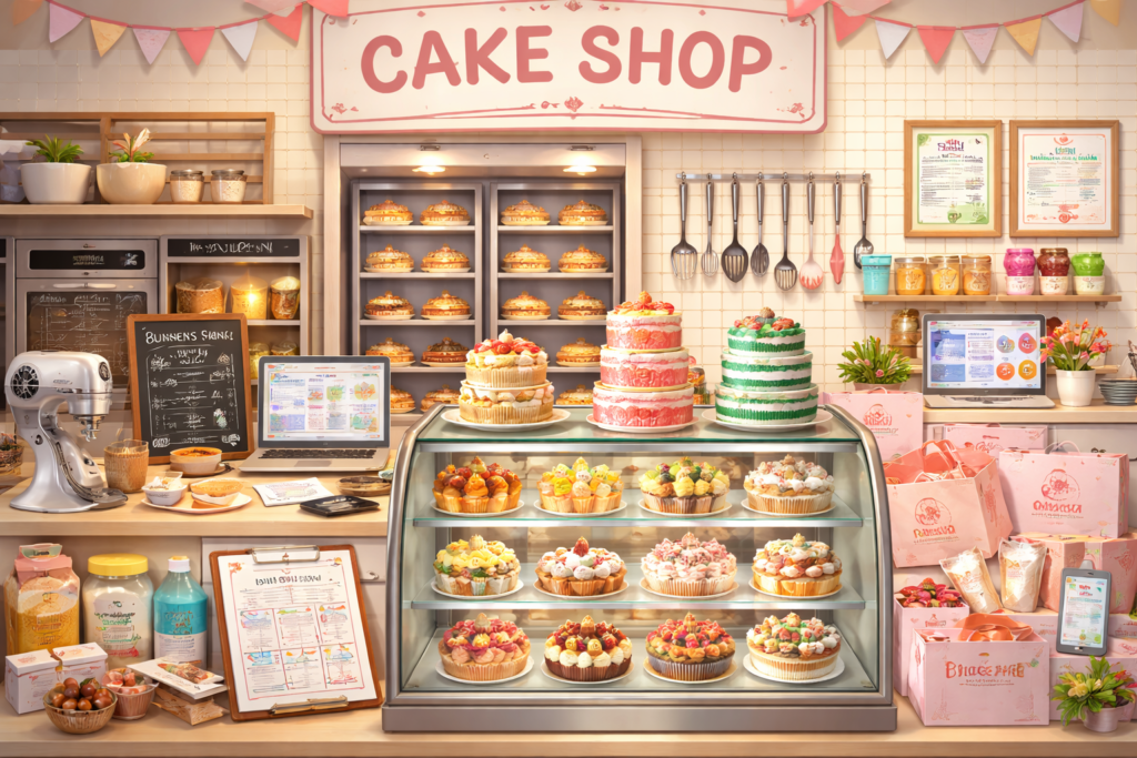 "Bright and cozy cake shop interior with display counter full of colorful cakes, cupcakes, and pastries, baking tools, oven, and shelves with ingredients in the background."