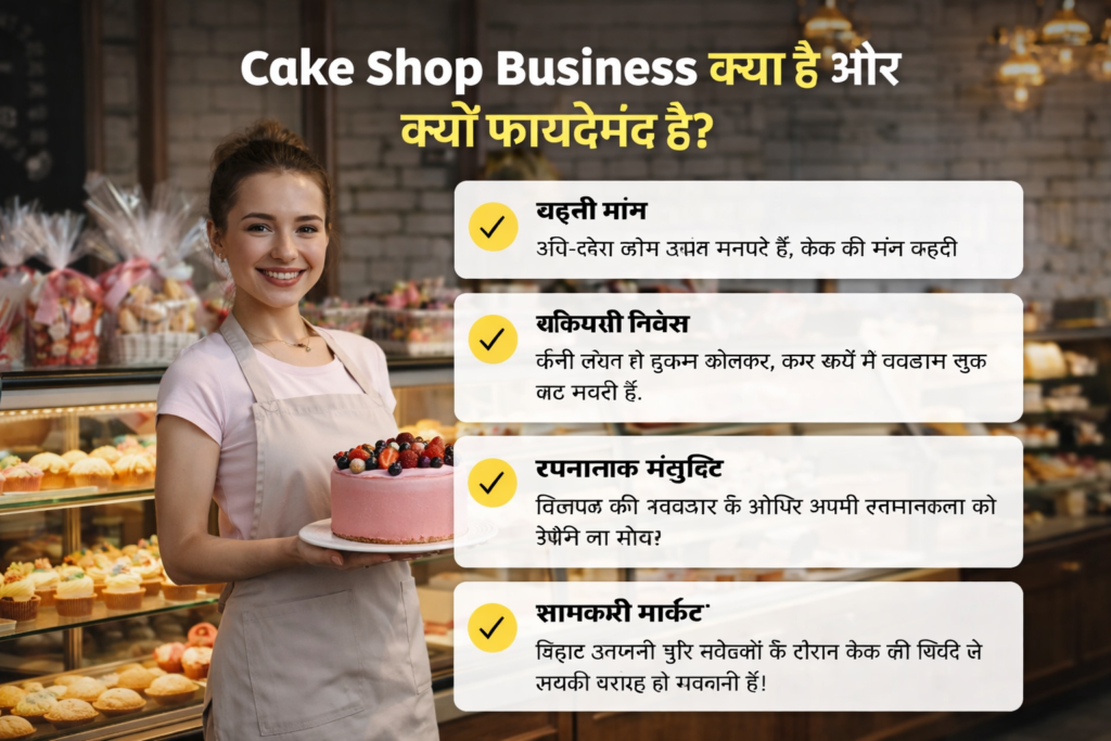 Cake shop business owner holding decorated cake inside bakery with display of pastries and cakes