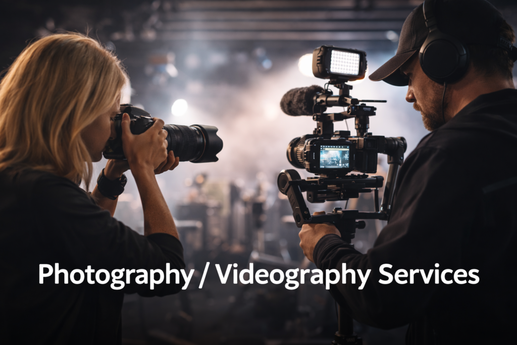 Photography और Videography services का professional setup, जहाँ photographer DSLR camera से photos ले रहा है और videographer video camera के साथ recording कर रहा है