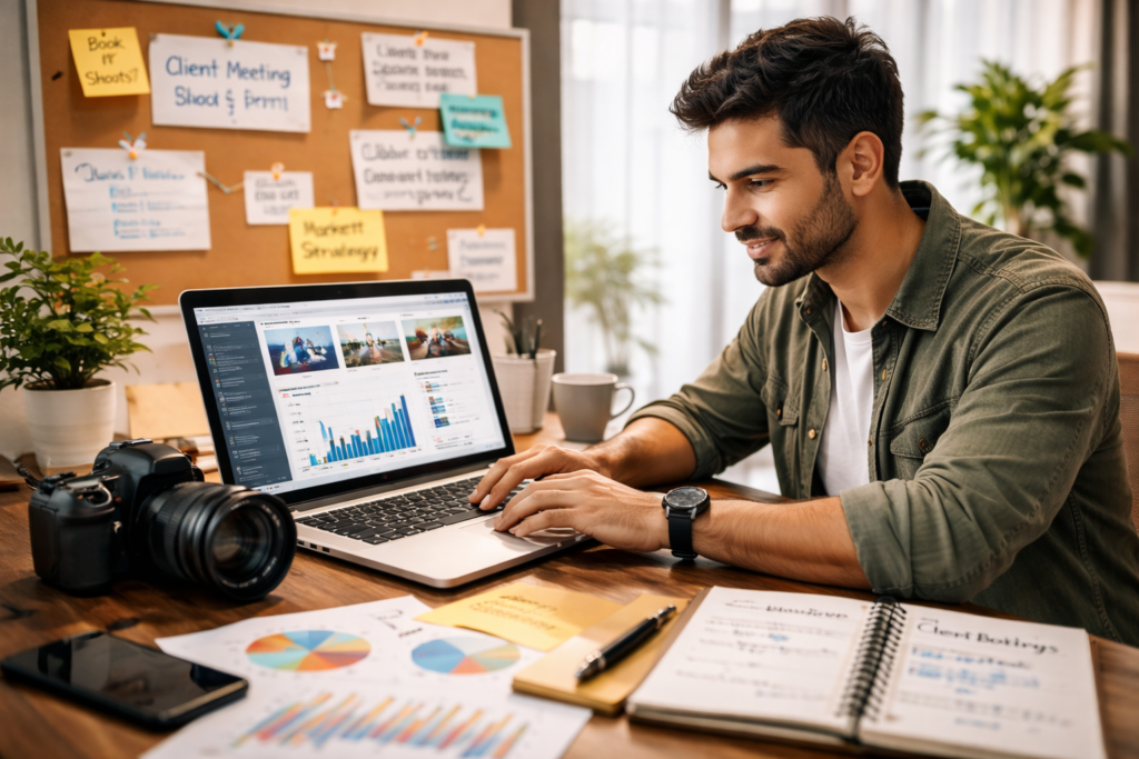 "Young professional photographer analyzing marketing and client acquisition data on laptop, surrounded by DSLR camera, charts, client notes, and office setup"