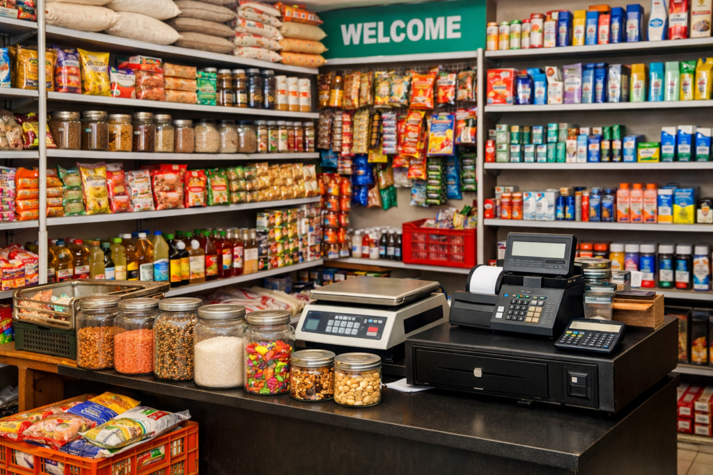 “Small Indian Kirana store showing organized shelves with groceries, snacks, dairy products, and a billing counter with POS system.”