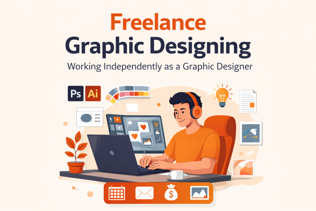 Freelance Graphic Designing से जुड़ी इस इमेज के लिए SEO-friendly Alt Text और Image Description नीचे दिए जा रहे हैं: