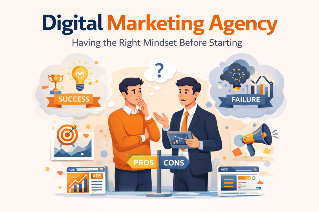 Digital marketing agency start karne se pehle sahi mindset, pros aur cons ko samajhte hue strategy planning illustration