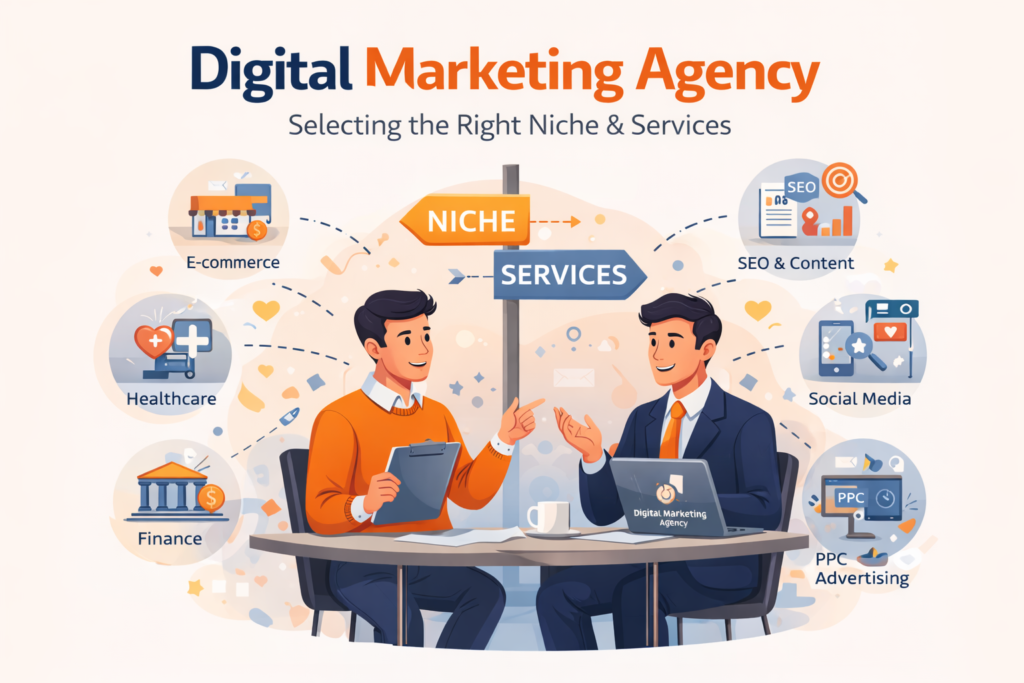 Digital marketing agency ke liye sahi niche aur services chunne ki strategy, SEO, social media, PPC aur content marketing illustration