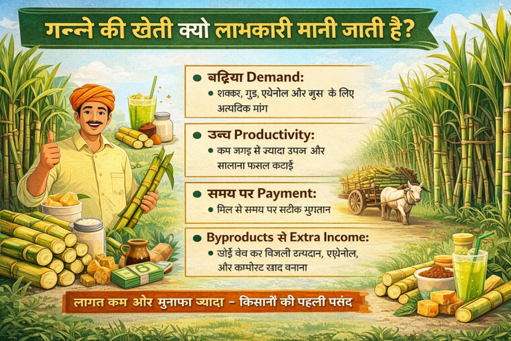 Profitable Sugarcane Farming – गन्ने की खेती क्यों लाभकारी मानी जाती है, उच्च मांग, ज्यादा उत्पादन और by-products से अतिरिक्त आय को दिखाता हुआ infographic