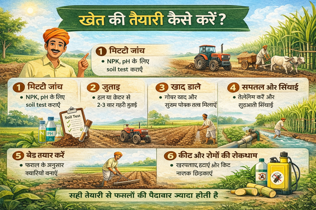 Profitable Sugarcane Farming खेत की तैयारी कैसे करें – जुताई, मिट्टी सुधार, खाद और समतलीकरण की सही प्रक्रिया को दिखाता हुआ कृषि infographic