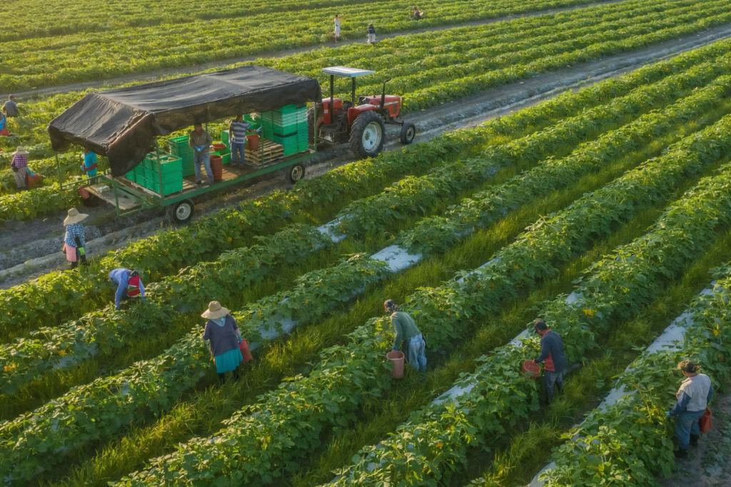 Alt Text: Modern organic farming field with farmers harvesting crops using sustainable agricultural techniques