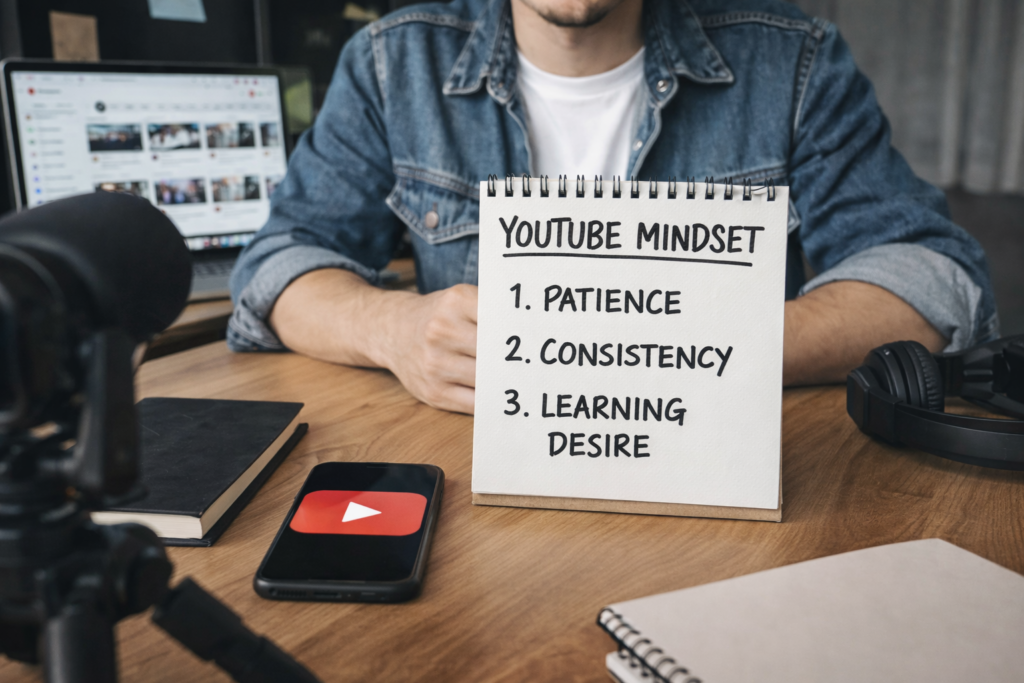 “YouTube Channel शुरू करने से पहले सही mindset दिखाती इमेज, नोटपैड पर YouTube Mindset लिखा हुआ, patience, consistency और learning desire के साथ”