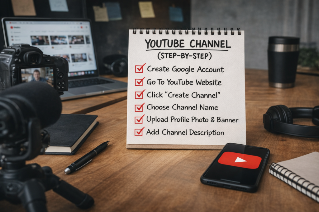 “YouTube Channel बनाने की step-by-step प्रक्रिया दिखाती इमेज, laptop स्क्रीन पर YouTube create channel option, Google account login और channel setup steps के साथ”