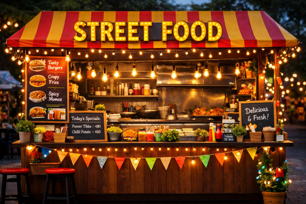 “Street Food Stall: आकर्षक स्टॉल, रंग-बिरंगे साइनबोर्ड, LED लाइट्स और साफ़-सुथरा काउंटर।”