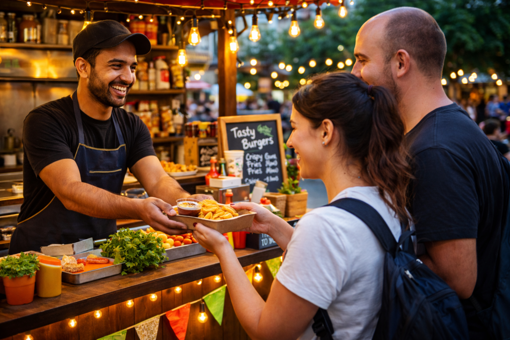 “Street Food Stall में ग्राहक अनुभव और सेवा, मुस्कुराते हुए कर्मचारी और खुश ग्राहक, साफ़-सुथरा काउंटर।”