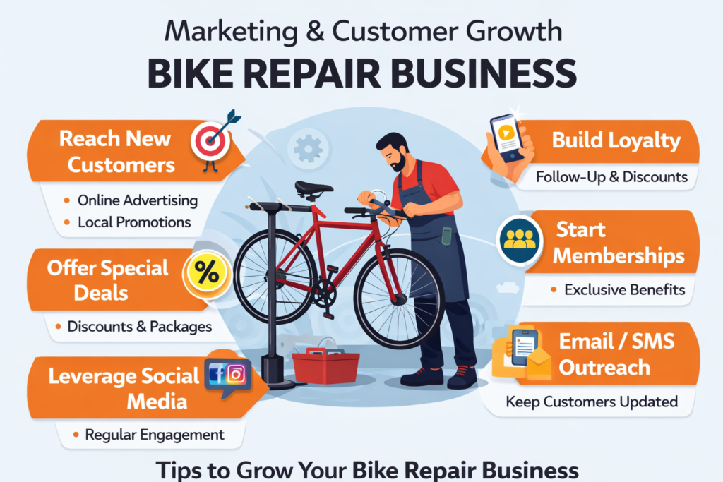 Bike repair business marketing infographic showing a mechanic repairing a bike with tips for customer growth like online advertising, special offers, social media, memberships, and email or SMS outreach.