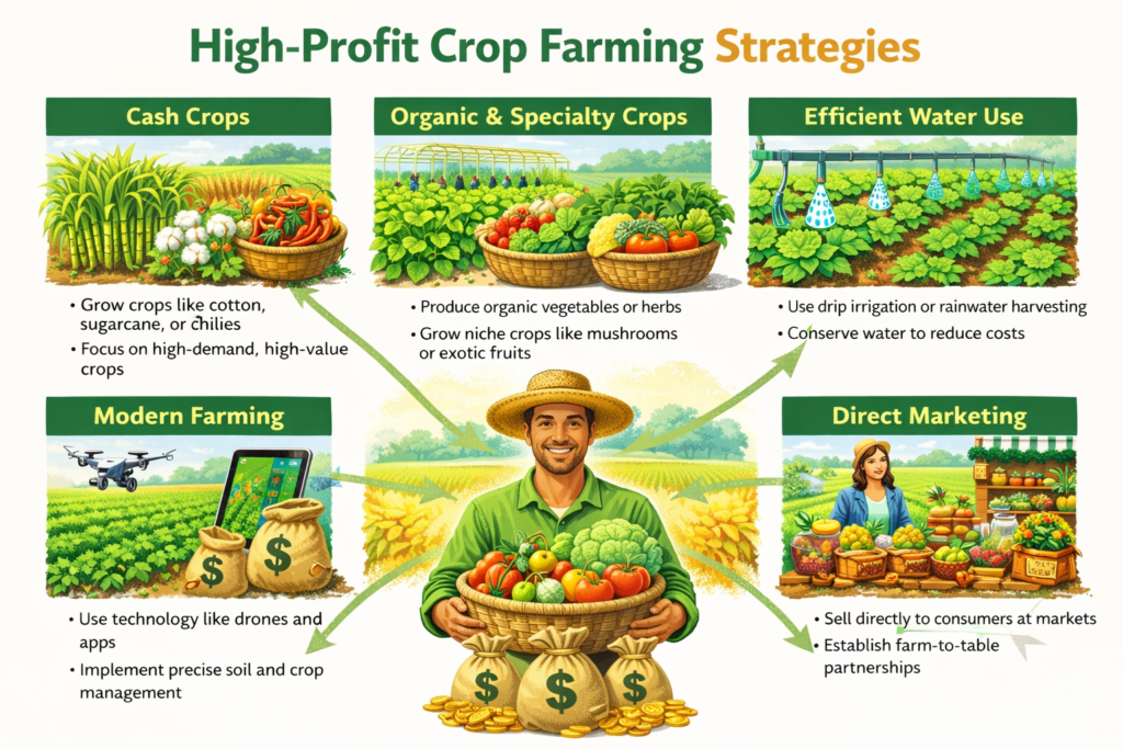 “High-Profit Crop Farming Strategies का चित्र जिसमें आधुनिक खेती के तरीके दिखाए गए हैं, जैसे ड्रिप सिंचाई, ग्रीनहाउस खेती, उच्च मूल्य वाली फसलें, जैविक खेती, और किसान फसल की निगरानी करता हुआ।”