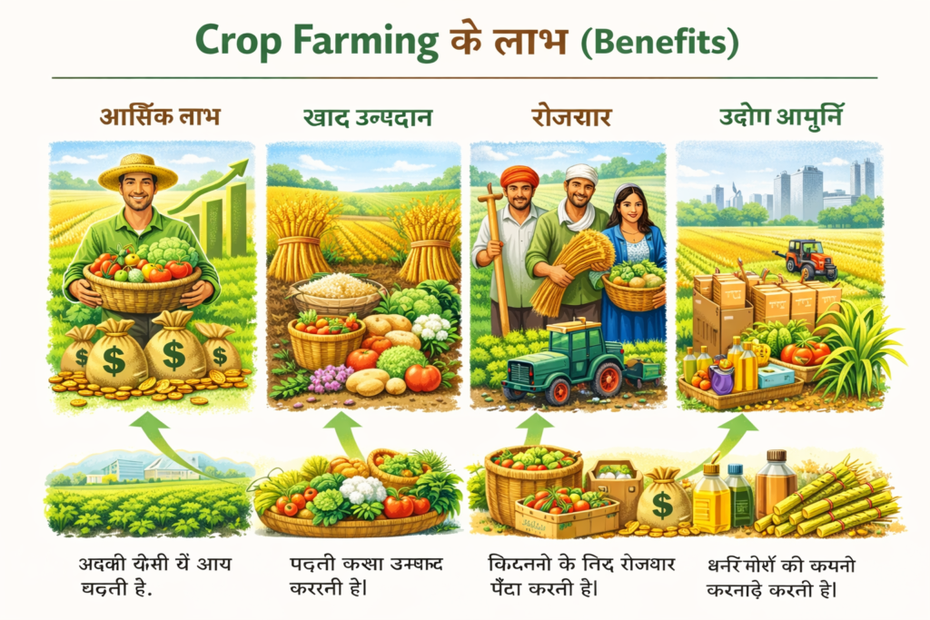 “Crop Farming के लाभ दर्शाने वाला चित्र जिसमें हरी-भरी फसलें, खुश किसान, भोजन की उपलब्धता, आय का स्रोत और पर्यावरण संतुलन को दिखाया गया है।”