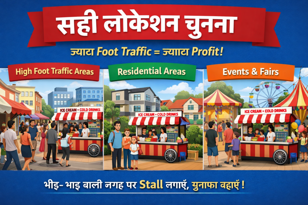 “Ice Cream और Cold Drinks Stall, busy market area में, colorful canopy और लोग खरीदारी करते हुए, summer vibes के साथ।”