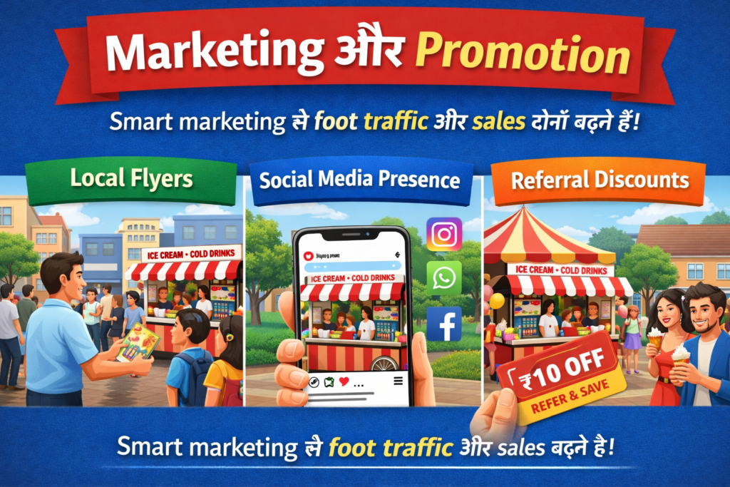 “Ice Cream और Cold Drinks Stall का marketing और promotion, local flyers बांटते हुए, social media promotion और referral discount offer दिखाता हुआ दृश्य।”