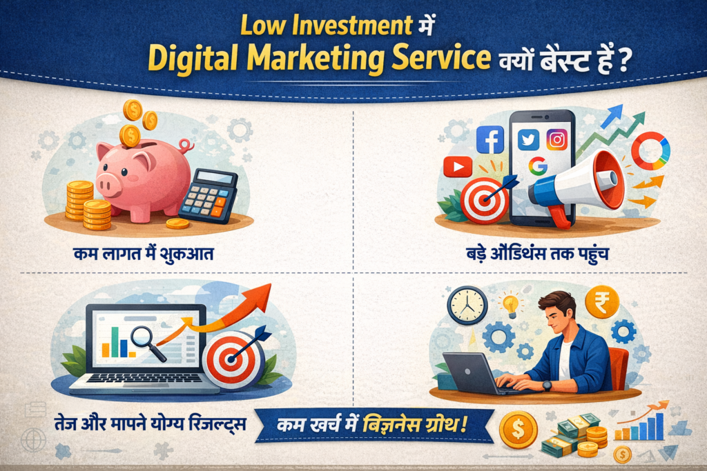 “Low Investment में Digital Marketing Service क्यों बेस्ट है – कम लागत में शुरुआत, बड़ी ऑडियंस तक पहुंच, तेज और मापने योग्य रिजल्ट्स और स्केलेबल बिजनेस ग्रोथ दिखाता हुआ हिंदी इन्फोग्राफिक”