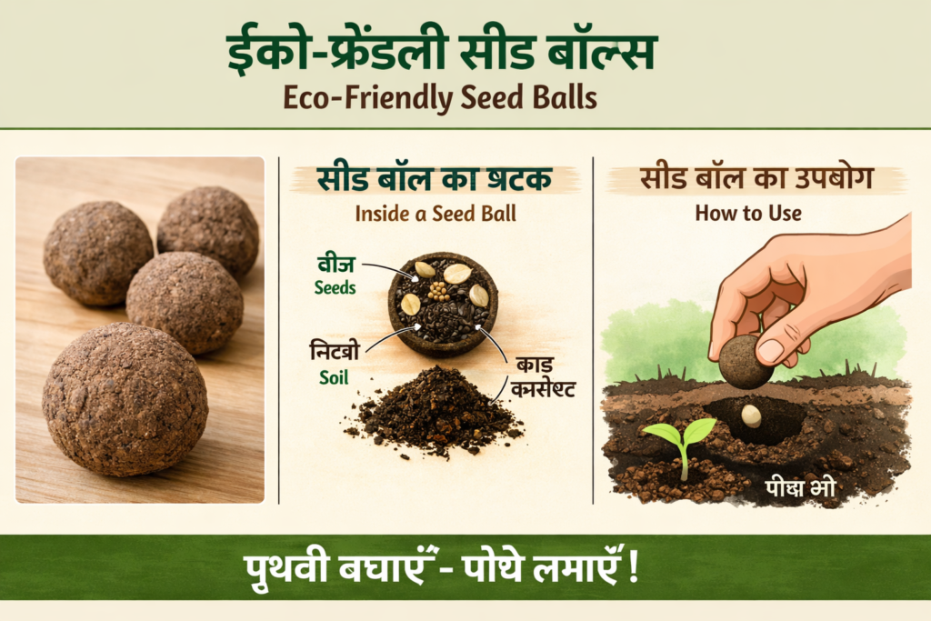 "Eco-Friendly Seed Balls Supply Business: बीज, मिट्टी और खाद से बने Seed Balls, उनके घटक और पौधों में लगाने का तरीका दिखाती हुई हिंदी में educational infographic।"