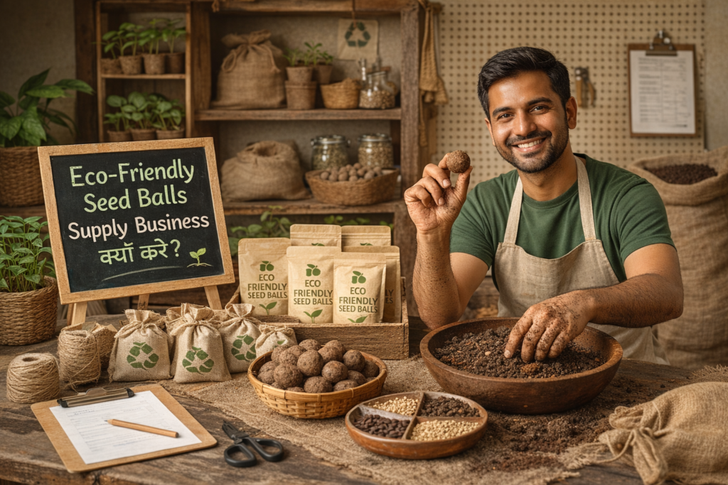 "Eco-Friendly Seed Balls Supply Business: मिट्टी, बीज और खाद से बने Seed Balls तैयार करता हुआ व्यक्ति, eco-friendly पैकेजिंग और ग्रीन बिज़नेस सेटअप।"