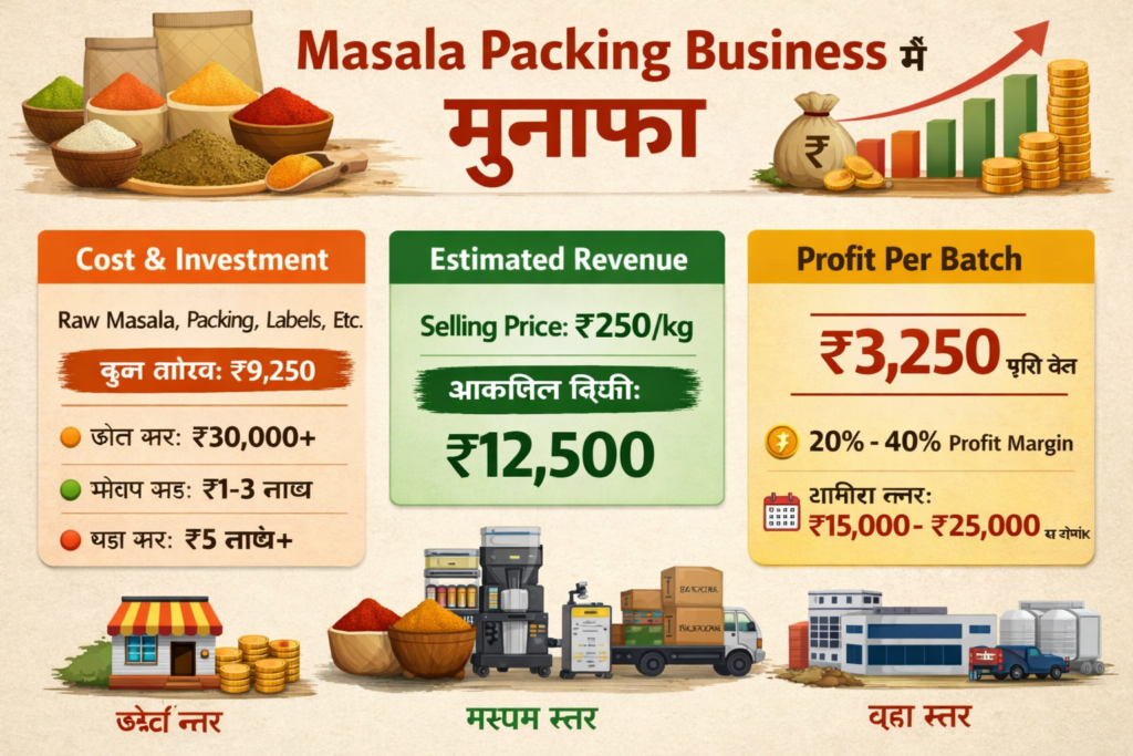 Masala Packing Business में मुनाफा – भारत में मसाला पैकिंग बिज़नेस का लागत, बिक्री मूल्य और प्रति बैच अनुमानित प्रॉफिट दिखाती हुई इन्फोग्राफिक