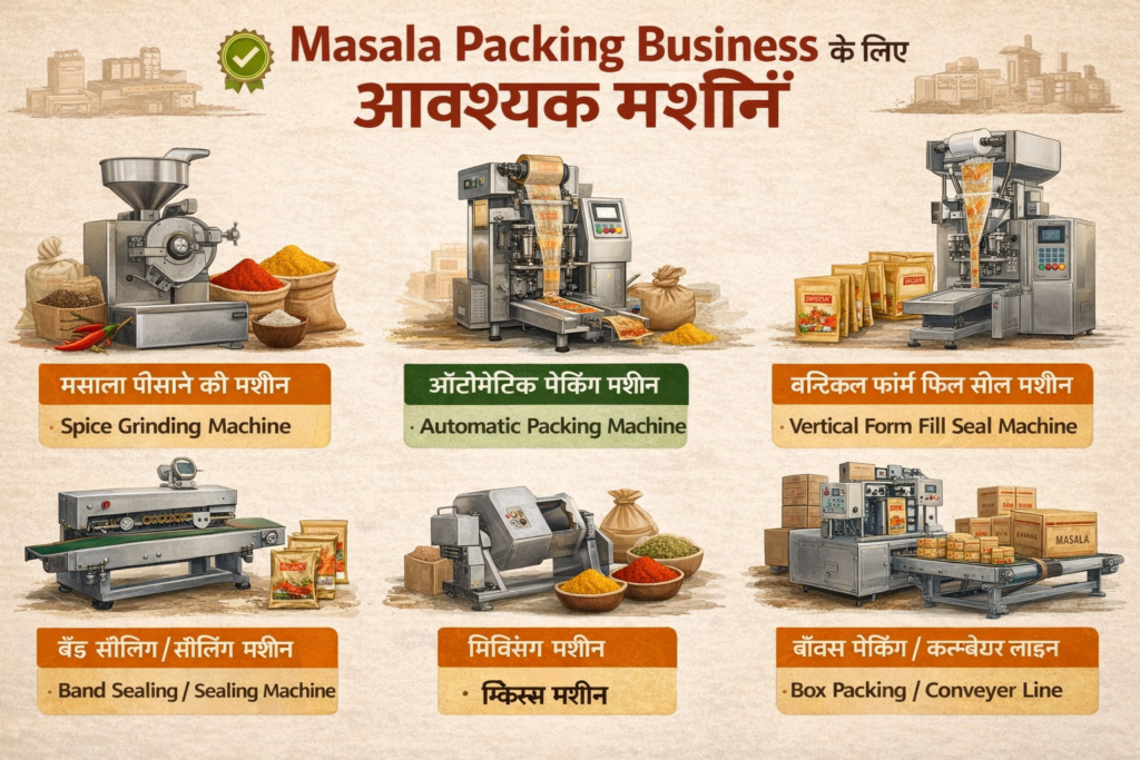 Masala Packing Business के लिए आवश्यक मशीनें जैसे मसाला पीसने की मशीन, ऑटोमैटिक पैकिंग मशीन, सीलिंग मशीन और मिक्सिंग मशीन का वास्तविक चित्र