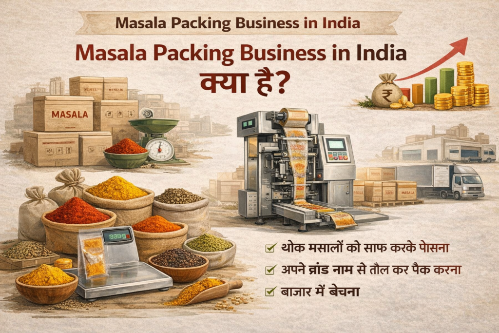 Masala Packing Business in India क्या है – थोक मसालों को साफ करके तौलना, पैक करना और अपने ब्रांड नाम से बेचने की प्रक्रिया दिखाती हुई वास्तविक 16:9 इमेज