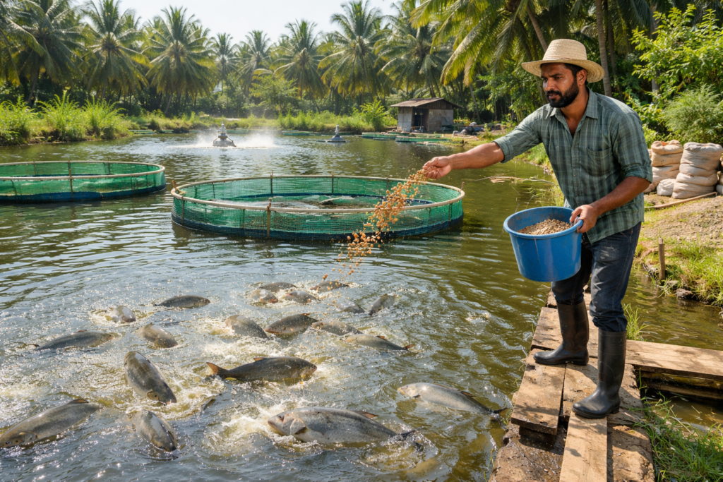 “Freshwater Fish Farming in India – Pond-based fish culture with Rohu, Catla and Mrigal in rural aquaculture system”