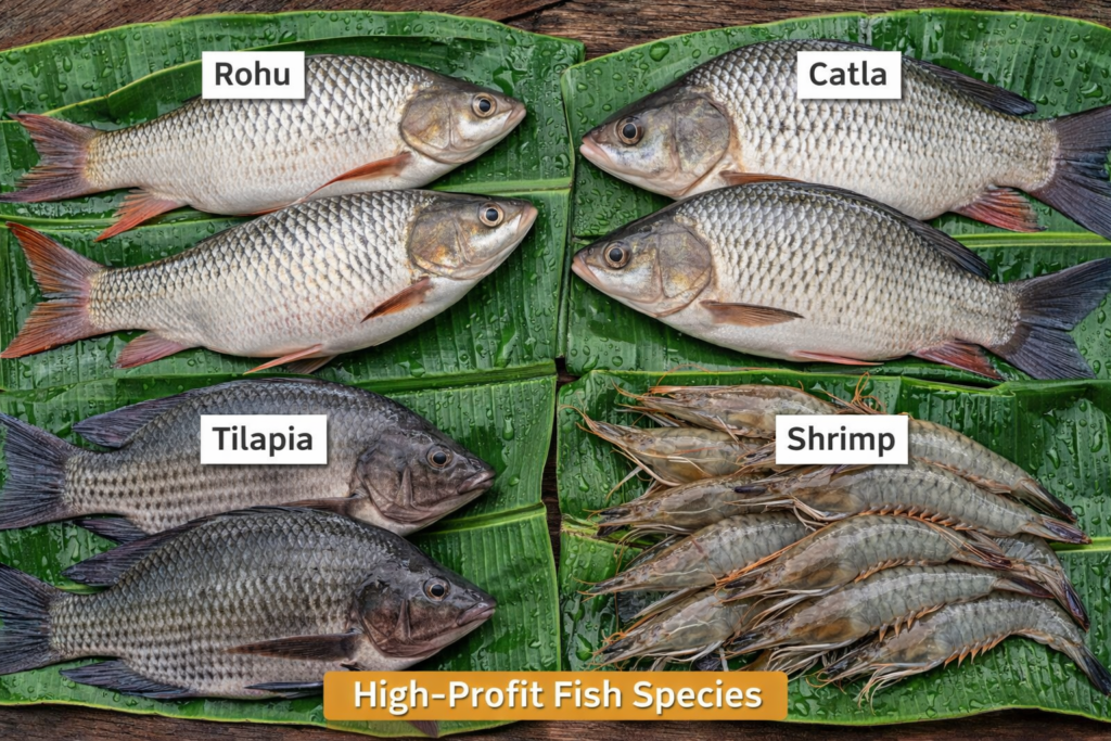 “High profit fish species for fish farming in India – Rohu, Catla, Tilapia and Shrimp displayed for aquaculture business”