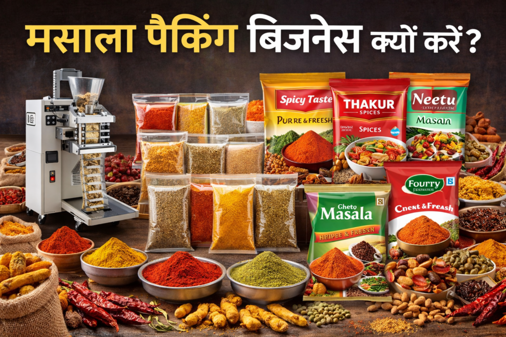“Masala packing business setup with colorful packaged spices including turmeric, chili, coriander, and other spices, ready for sale, small-scale spice packaging in India”