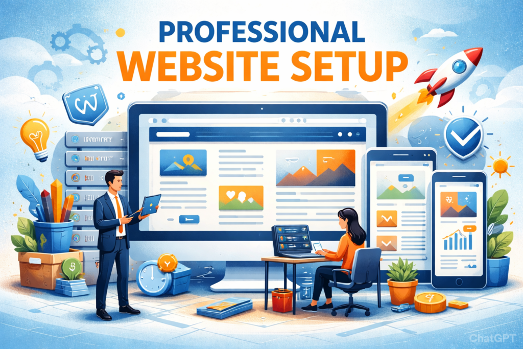 Professional Website Setup illustration showing web designers creating a responsive website on desktop and mobile devices with development tools, analytics charts, and digital marketing elements.