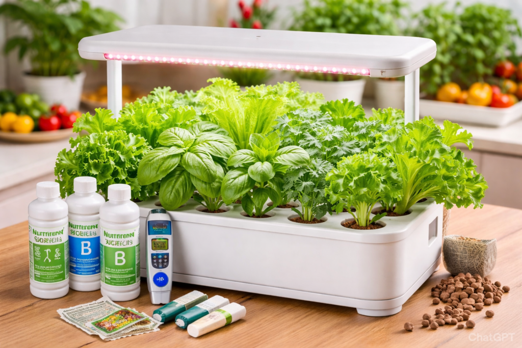 Mini Indoor Hydroponic Kit placed on a table with LED grow lights, nutrient bottles, and fresh leafy greens growing in a soil-free water-based system.
