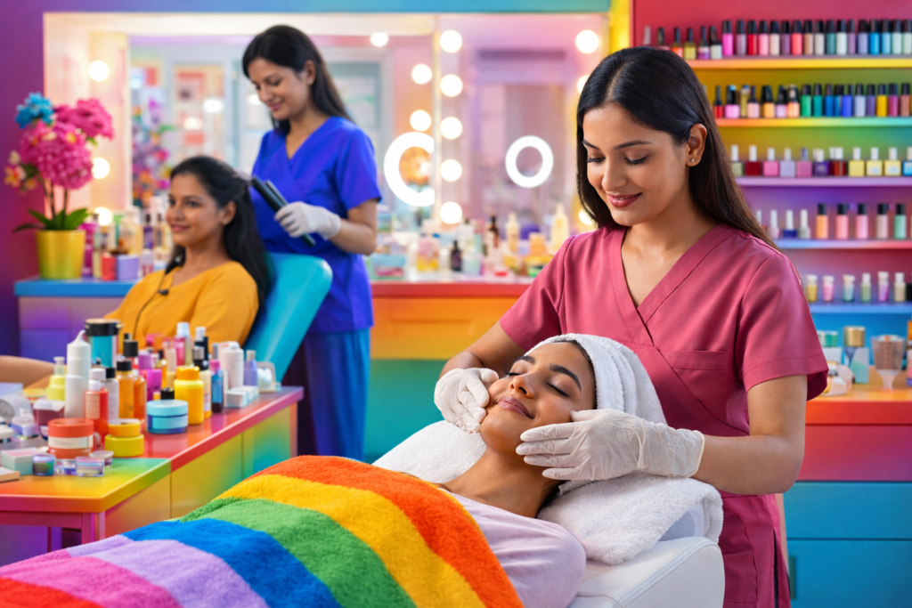 Colorful beauty parlour interior with beautician giving facial treatment to client and modern salon setup
