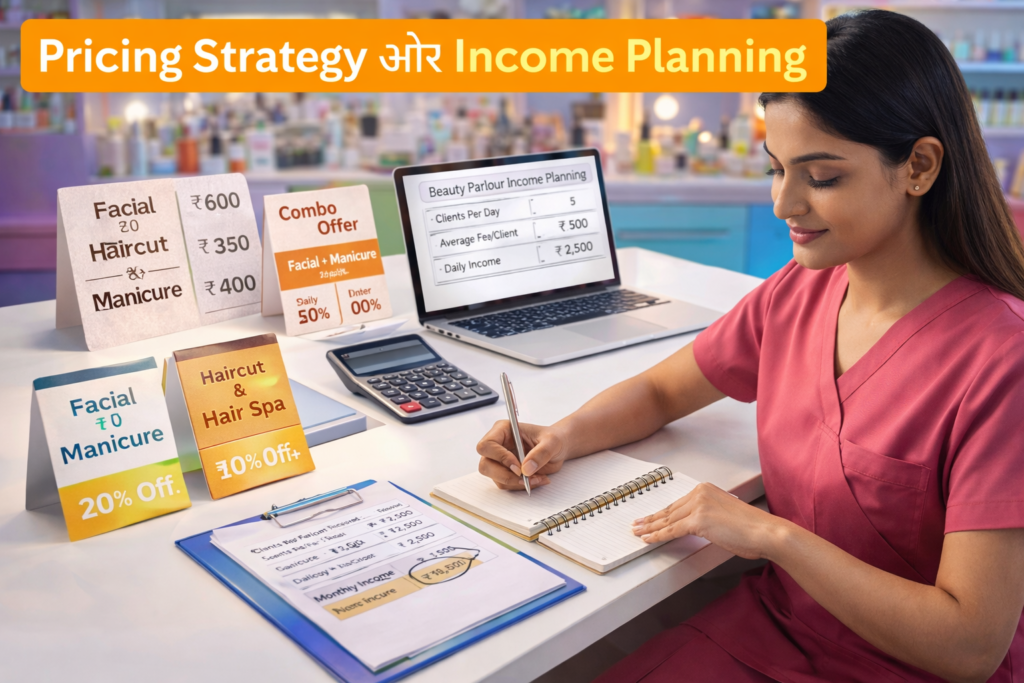 A professional South Asian woman sitting at a desk in a beauty parlour, calculating pricing strategy and income planning on a laptop with notebook, calculator, and financial charts visible.