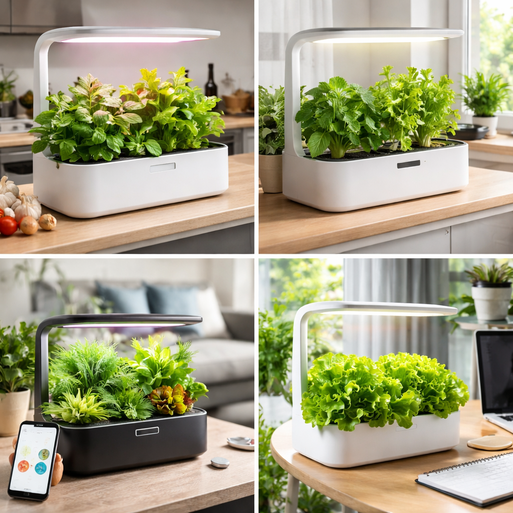 Mini Indoor Hydroponic Kits with LED grow lights growing fresh herbs and lettuce indoors in small kitchen and office spaces