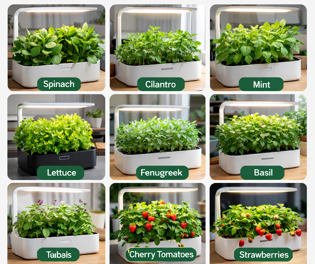 Infographic showing plants grown in Mini Indoor Hydroponic Kits including Spinach, Cilantro, Mint, Lettuce, Fenugreek, Basil, Cherry Tomatoes and Strawberries