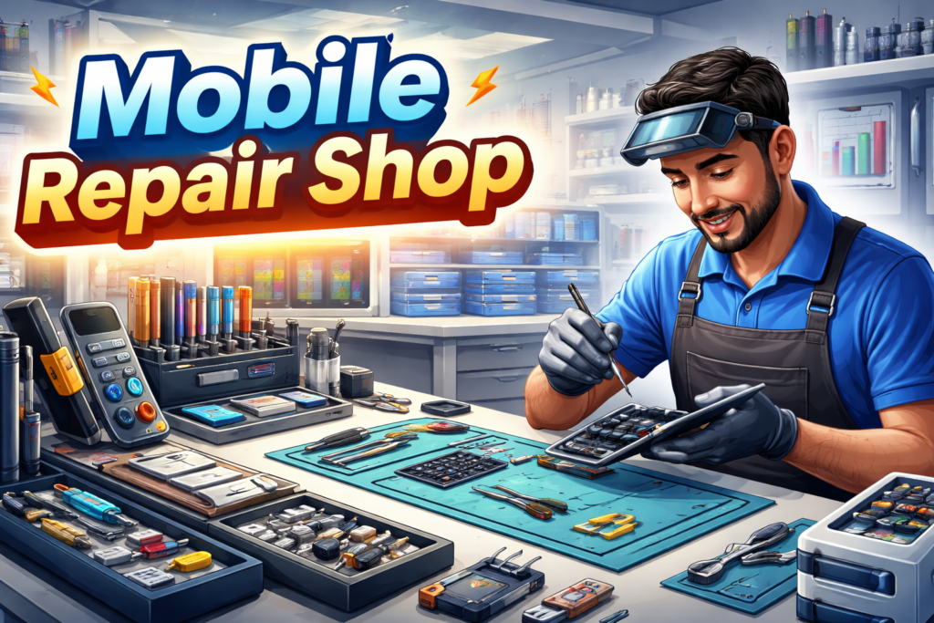 Professional Mobile Repair Shop technician repairing a smartphone on a workbench with tools and equipment, colorful digital banner design for blog use.