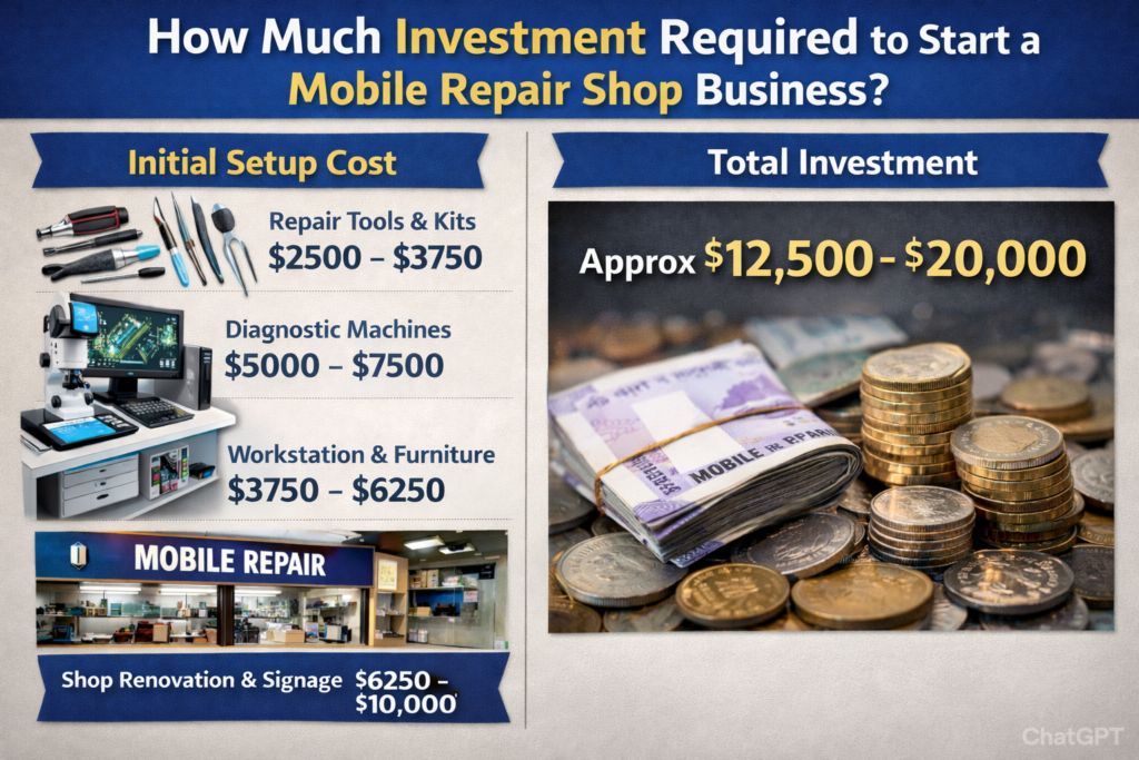 Infographic showing the estimated investment required to start a mobile repair shop business, including initial setup costs for tools, diagnostic machines, furniture, shop renovation, and total investment ranging from $12,500 to $20,000, with images of repair tools and stacked currency.