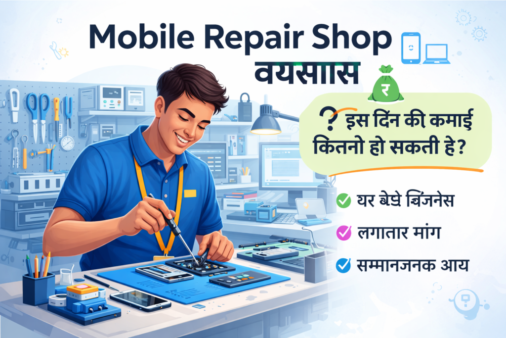 "Mobile Repair Shop में तकनीशियन मोबाइल ठीक करता हुआ, टेबल पर मोबाइल, टूल्स और कंप्यूटर दिखाई दे रहे हैं, ग्राहक अपने फोन के साथ।"